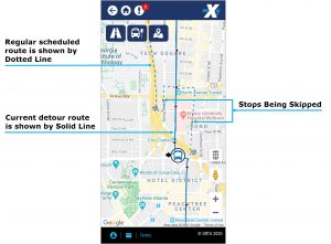 Detour Bulletin image. Regular schedule route is shown by dotted line that shows stops being skipped. Current detour route is shown by a solid line.