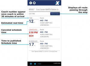 View Schedule, Estimated and Canceled Times image. Selecting the view all routes button in top right displays all routes passing through the stop. The Coach Number appears once Coach is within 30 minutes of arrival. Estimated real-time, is shown. Canceled Schedule time is shown if applicable. Time to published schedule time is shown.