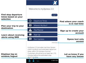 Select the Departure Time button to find your stop departure times based on your selection. Select the Where is my bus? to find your bus location in real time. Select the Trip Planner button to plan your trip to your destination. Select the Text Updates button to learn about receiving text alerts. Select the Signup to create your account. Select the text only button to use the text version of the app. Select the user profile button to display the log on, log off screen. Select the email button to let us know if you have any issues with the app.