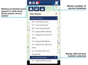 Route and stop service bulletin image. Blinking exclaimation point appears to notify about route specific service bulletins. The number next to the blinking exclaimation point show the number of bulletins. Routes with service bullitins are highlighted.