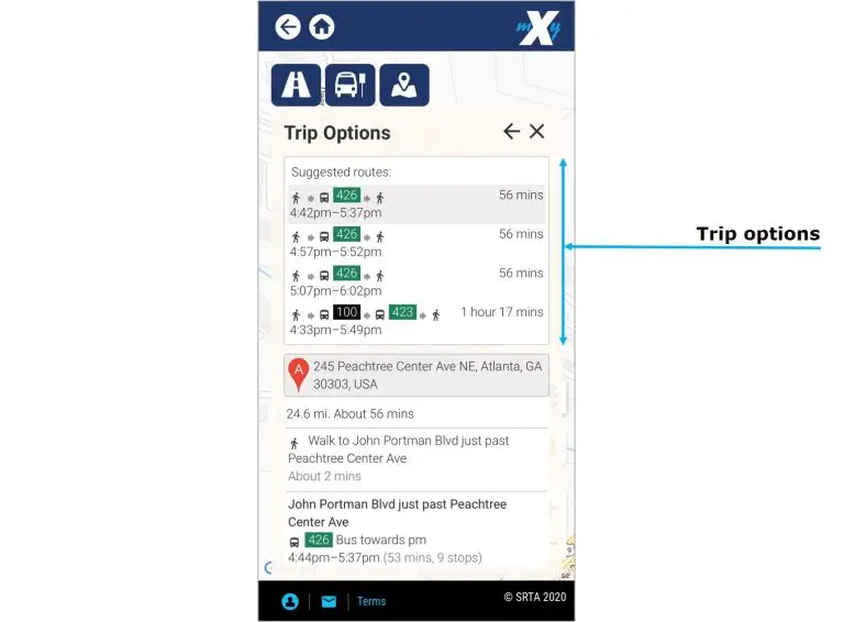 Screenshot of myXpress 2.0 app highlighting the Plan Trip Options feature