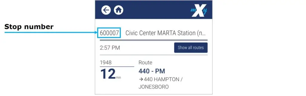 Screenshot of myXpress 2.0 app highlighting the Stop Number