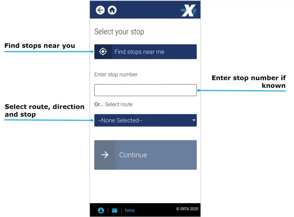 myxpress 2.0 Select Your Stop screenshot with description of interface elements