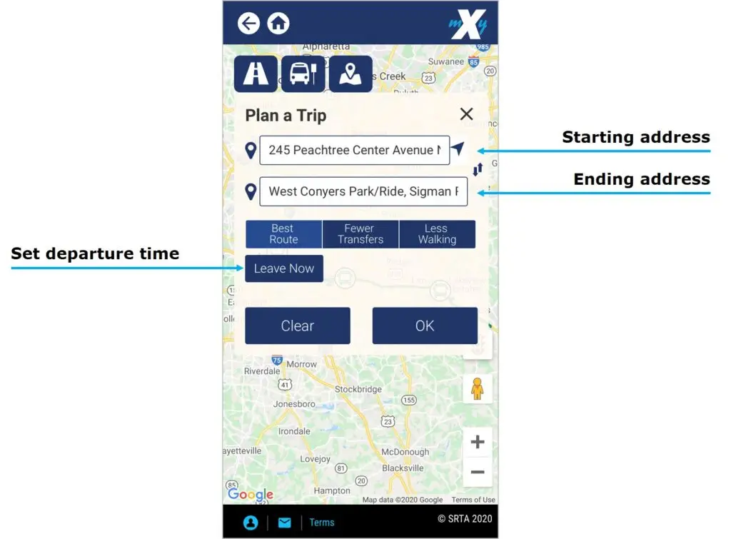 myxpress 2.0 trip planner with start and end points and departure times screenshot with description of interface elements