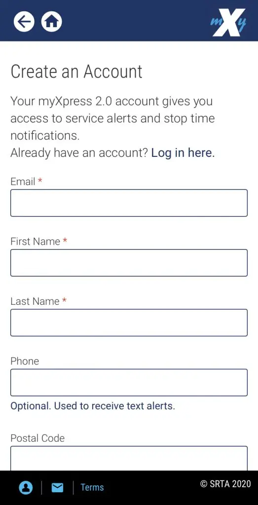 myxpress 2.0 app Sign Up screen